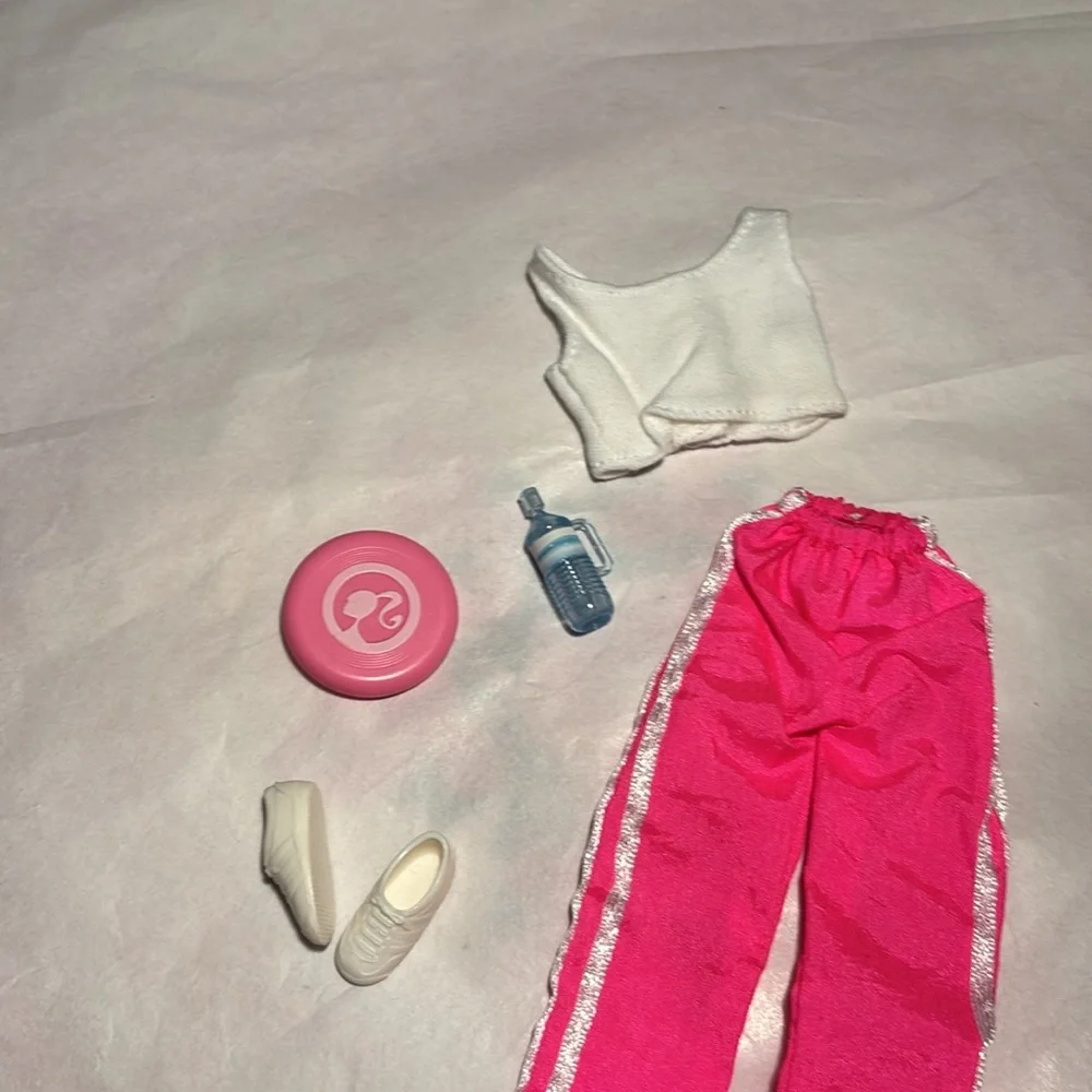 Barbie Track Pants with White Top and Tennis shoes Water bottle and Frisbee - Picture 2 of 3